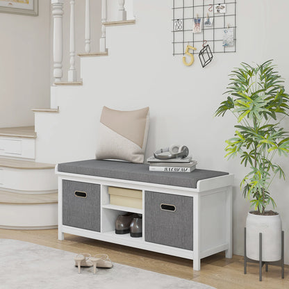 HOMCOM Schuhe-Bank mit verstellbarem 3-stufigem Regal, 2 abnehmbaren Schubladen und Polster, Möbel aus Spanplatte, 105x35x47 cm, Weiß und Grau