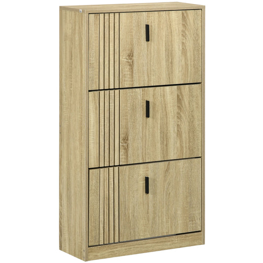 HOMCOM Schuhschrank mit 3 Klappen, für 18 Paar, 3-Fächer Schuhschrank, große Kapazität für Eingangsbereich, Flur, Wohnzimmer, 63 x 24 x 117 cm, Eiche