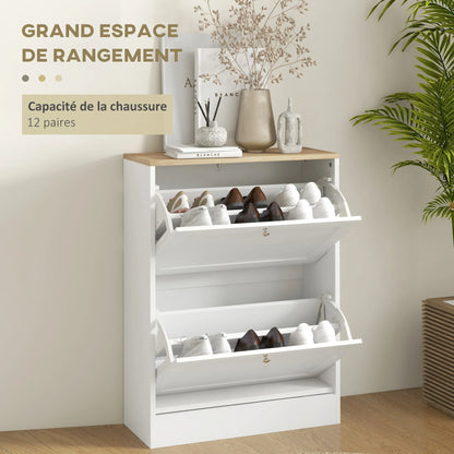 HOMCOM Schuhschrank für 12 Paare, schmaler Schuhaufbewahrungsschrank, modernes Möbelstück für den Eingangsbereich mit 2 Klappschubladen und verstellbaren Regalen, für Flur und Eingangsbereich, 60 x 24 x 80 cm, Weiß