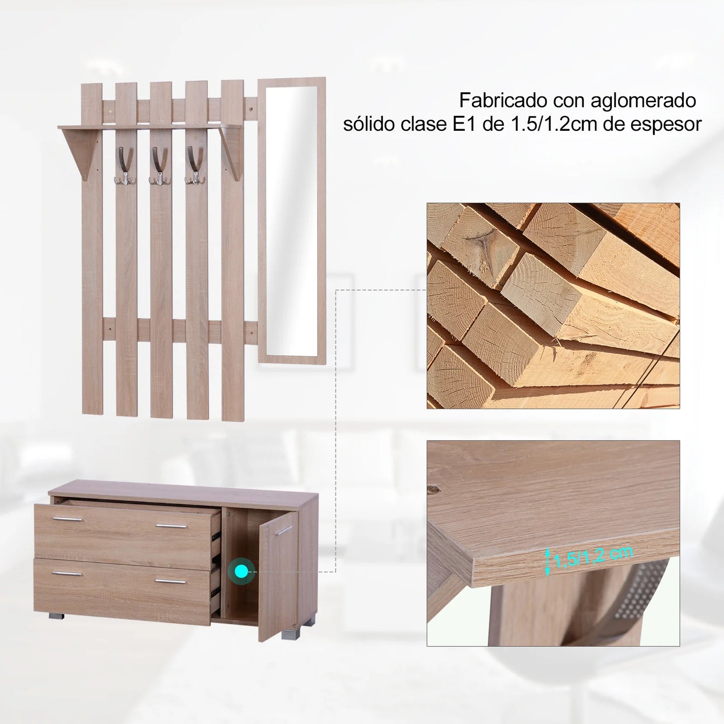 HOMCOM Flurset mit Spiegel, Garderobe und Schuhschrank – Eingangsmöbel mit 3 Haken, Ablage und 2 Schubladen für Flur Eiche