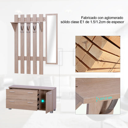 HOMCOM Flurset mit Spiegel, Garderobe und Schuhschrank – Eingangsmöbel mit 3 Haken, Ablage und 2 Schubladen für Flur Eiche