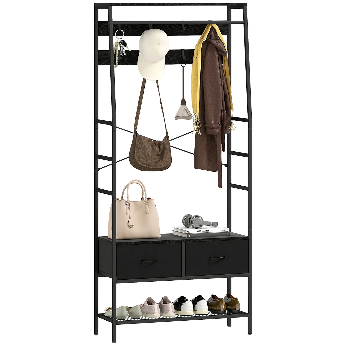 HOMCOM Garderobenständer, Kleiderstange mit Schuhregal, 2 Stoffschubladen, Garderobe mit 8 Haken, Regal, Garderobenständer mit Kippschutz, für Eingangsbereich, Flur, Schlafzimmer, Schwarz