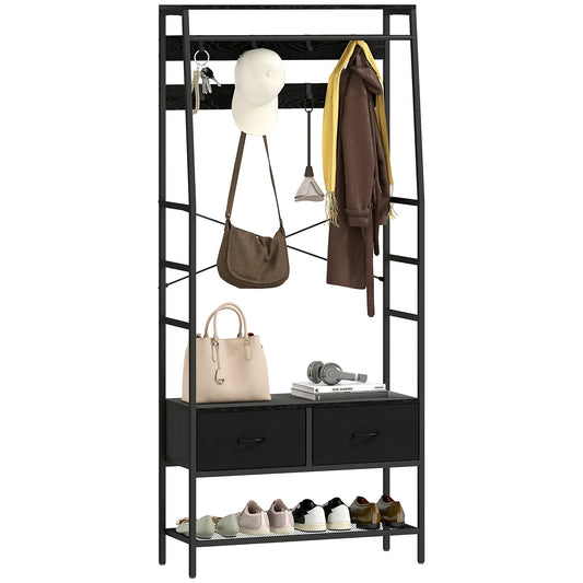 HOMCOM Garderobenständer, Kleiderstange mit Schuhregal, 2 Stoffschubladen, Garderobe mit 8 Haken, Regal, Garderobenständer mit Kippschutz, für Eingangsbereich, Flur, Schlafzimmer, Schwarz