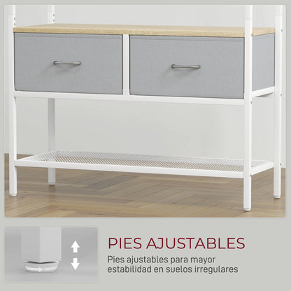 HOMCOM Garderobe mit Schuhregal – Eingangsbereich Garderobe mit Schuhregal, 8 Haken, 2 Stoffschubladen, Maschenregal im industriellen Stil für hängende Kleidung – Flur, Schlafzimmer, Wohnzimmer 80x30x180,5 cm Natur