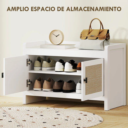 HOMCOM Bohemian Schuhbank mit Rattan-Fronttüren, Abnehmbares Regal für 8 Paar Schuhe für Flur und Schlafzimmer 80x35x52 cm Weiß