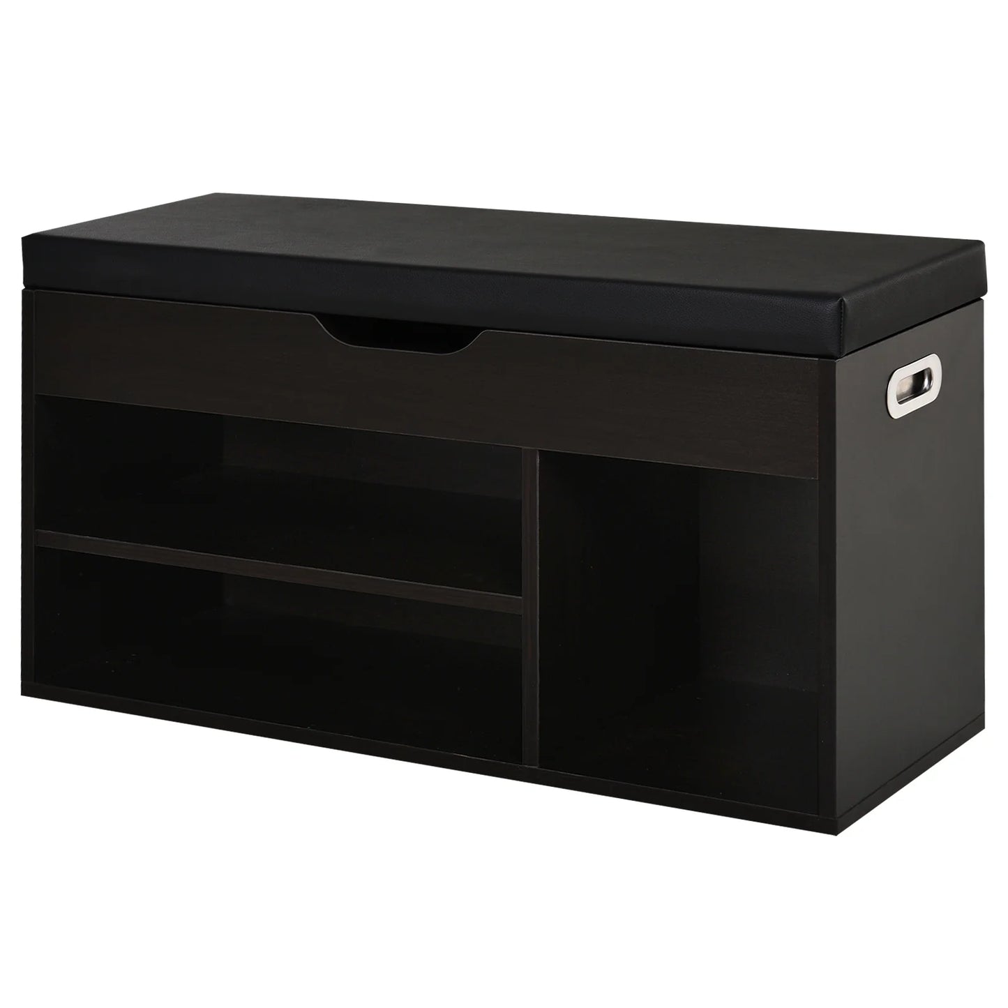HOMCOM Gepolsteter Schuhschrank für den Eingangsbereich, Schuhschrank mit Schuhregal, 3 Fächer, Sitzfläche aus PU-Leder, für Wohn- und Flurbereich, 80x30x43 cm, Schwarz