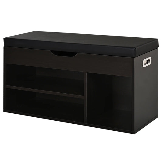 HOMCOM Gepolsteter Schuhschrank für den Eingangsbereich, Schuhschrank mit Schuhregal, 3 Fächer, Sitzfläche aus PU-Leder, für Wohn- und Flurbereich, 80x30x43 cm, Schwarz