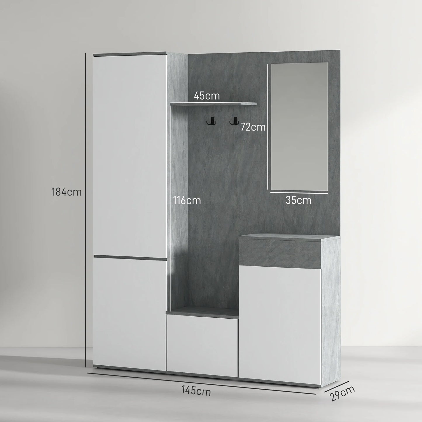 HOMCOM 4-in-1 Garderobenständer mit Spiegel, Haken und verstellbaren Innenregalen, Multitasking Holz-Garderobenmöbel mit Schublade, 145x29x184 cm, Grau und Weiß