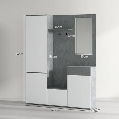 HOMCOM 4-in-1 Garderobenständer mit Spiegel, Haken und verstellbaren Innenregalen, Multitasking Holz-Garderobenmöbel mit Schublade, 145x29x184 cm, Grau und Weiß