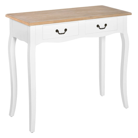 HOMCOM Konsolentisch Beistelltisch mit 2 Schubladen Retro-Design für Flur, Vorzimmer, Wohnzimmer, Schlafzimmer, Kiefer 87x34x78,5 cm Weiß