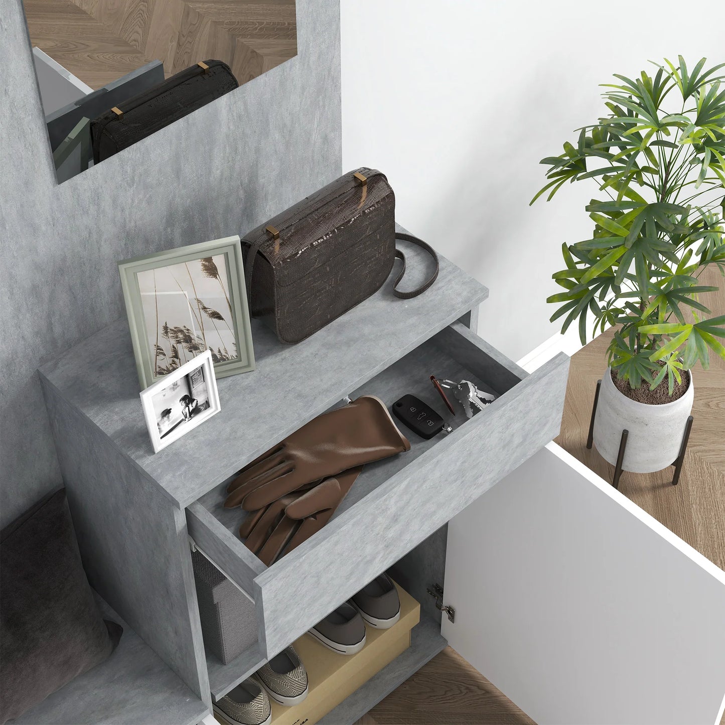 HOMCOM 4-in-1 Garderobenständer mit Spiegel, Haken und verstellbaren Innenregalen, Multitasking Holz-Garderobenmöbel mit Schublade, 145x29x184 cm, Grau und Weiß