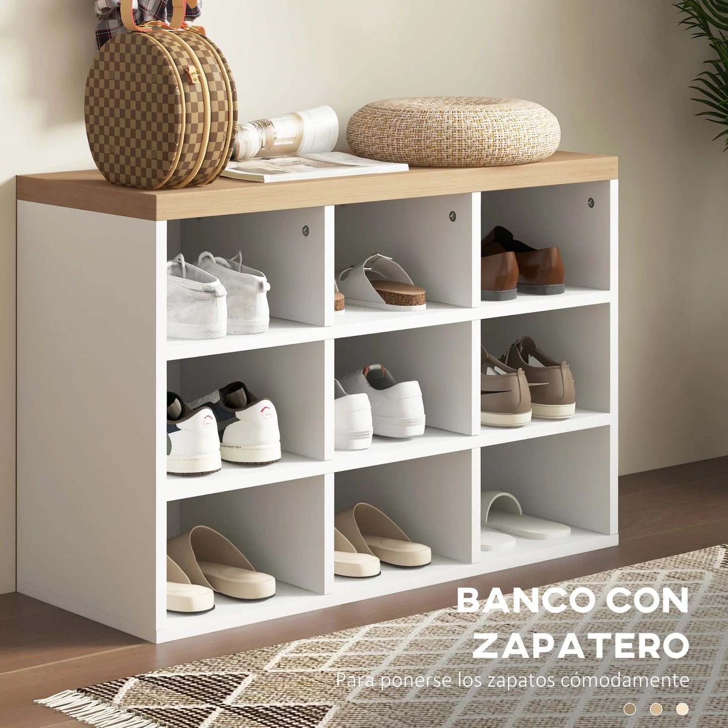 HOMCOM Garderobenständer und Schuhbank 2 in 1 Eingangsbereich Möbel mit 3 Haken und Regalen für 9 Paar Schuhe 75x30x50 cm und 75x20x22,5 cm Weiß