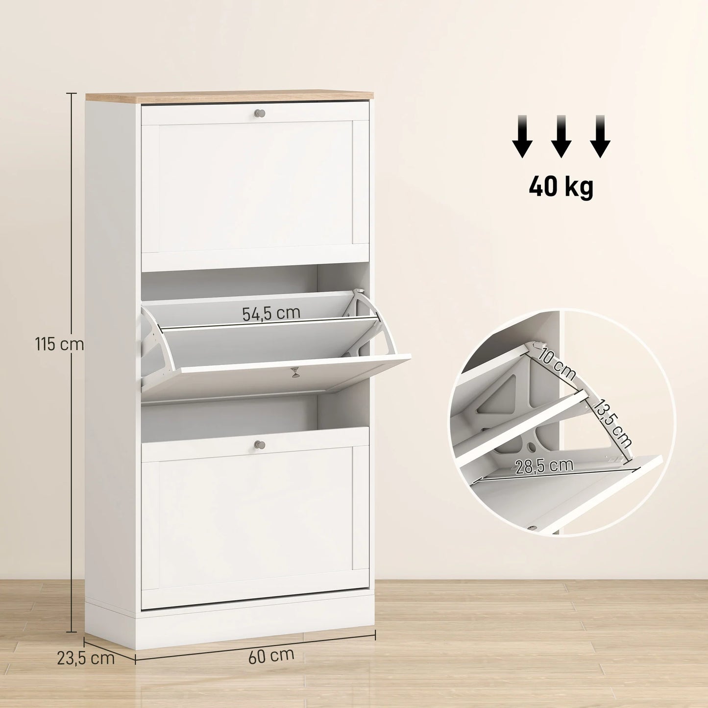 HOMCOM Schmales Schuhschrank mit 3 Klapptüren – Schuhaufbewahrung für den Eingangsbereich mit verstellbaren Regalen für 18 Paar Schuhe für schmale Flure 60x23,5x115 cm Weiß