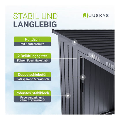 Juskys Metall Geräteschuppen  – Dunkelgrau, wetterfest mit Fundamentrahmen, Schiebetür & abschließbar - für Garten & Aufbewahrung