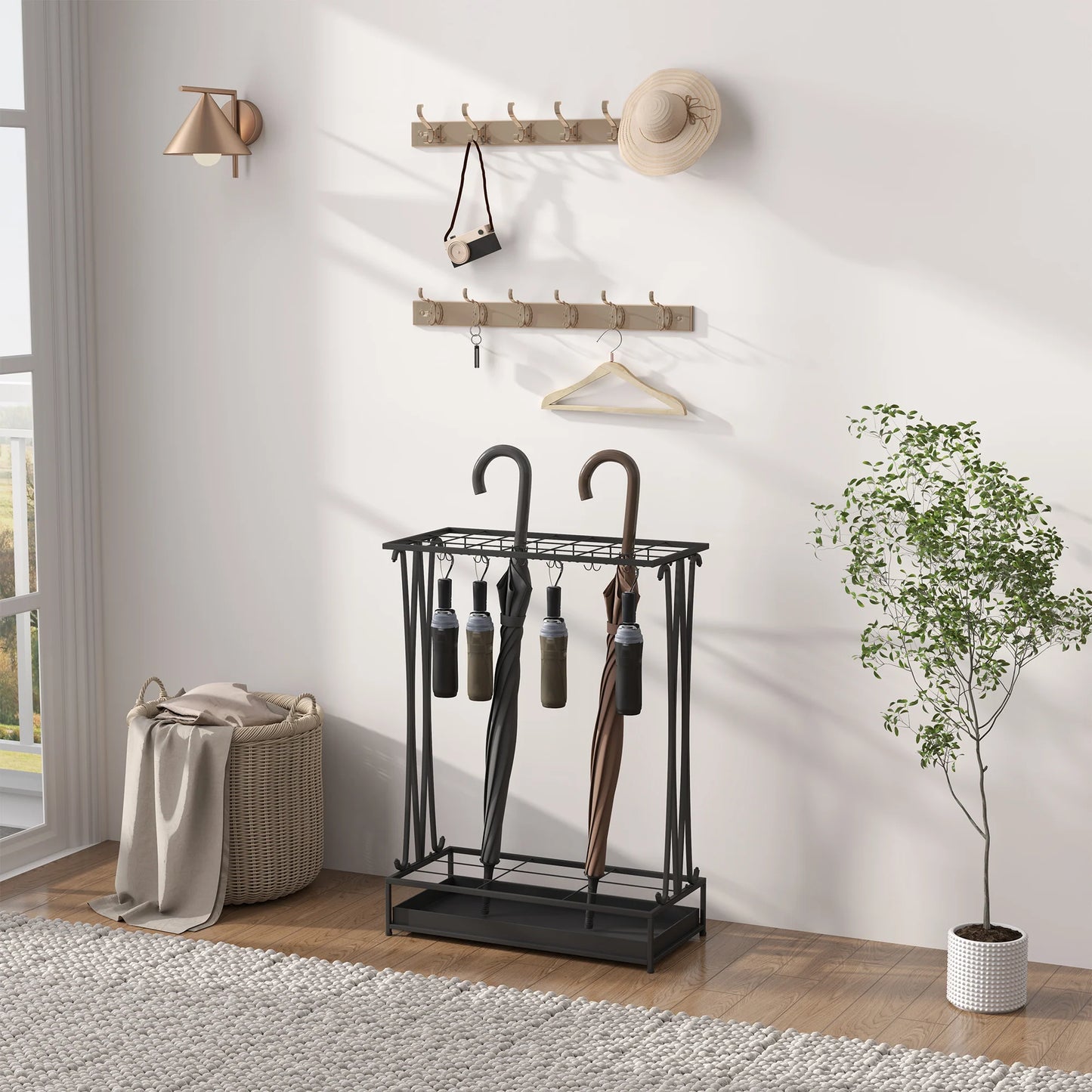 HOMCOM Regenschirmständer aus Stahl Rechteckiger Regenschirmhalter mit 24 Haken, 21 Öffnungen, Abnehmbarer Wassertropfschale für Gehstöcke & Regenschirme 50 x 24 x 68 cm Schwarz