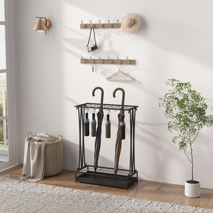 HOMCOM Regenschirmständer aus Stahl Rechteckiger Regenschirmhalter mit 24 Haken, 21 Öffnungen, Abnehmbarer Wassertropfschale für Gehstöcke & Regenschirme 50 x 24 x 68 cm Schwarz