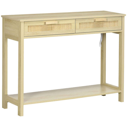 HOMCOM Konsolentisch Flurtisch mit 2 Schubladen Rattanoberfläche und unterem Regal für Flur Wohnzimmer Schlafzimmer Rustikaler Stil 100x30x76 cm Natur