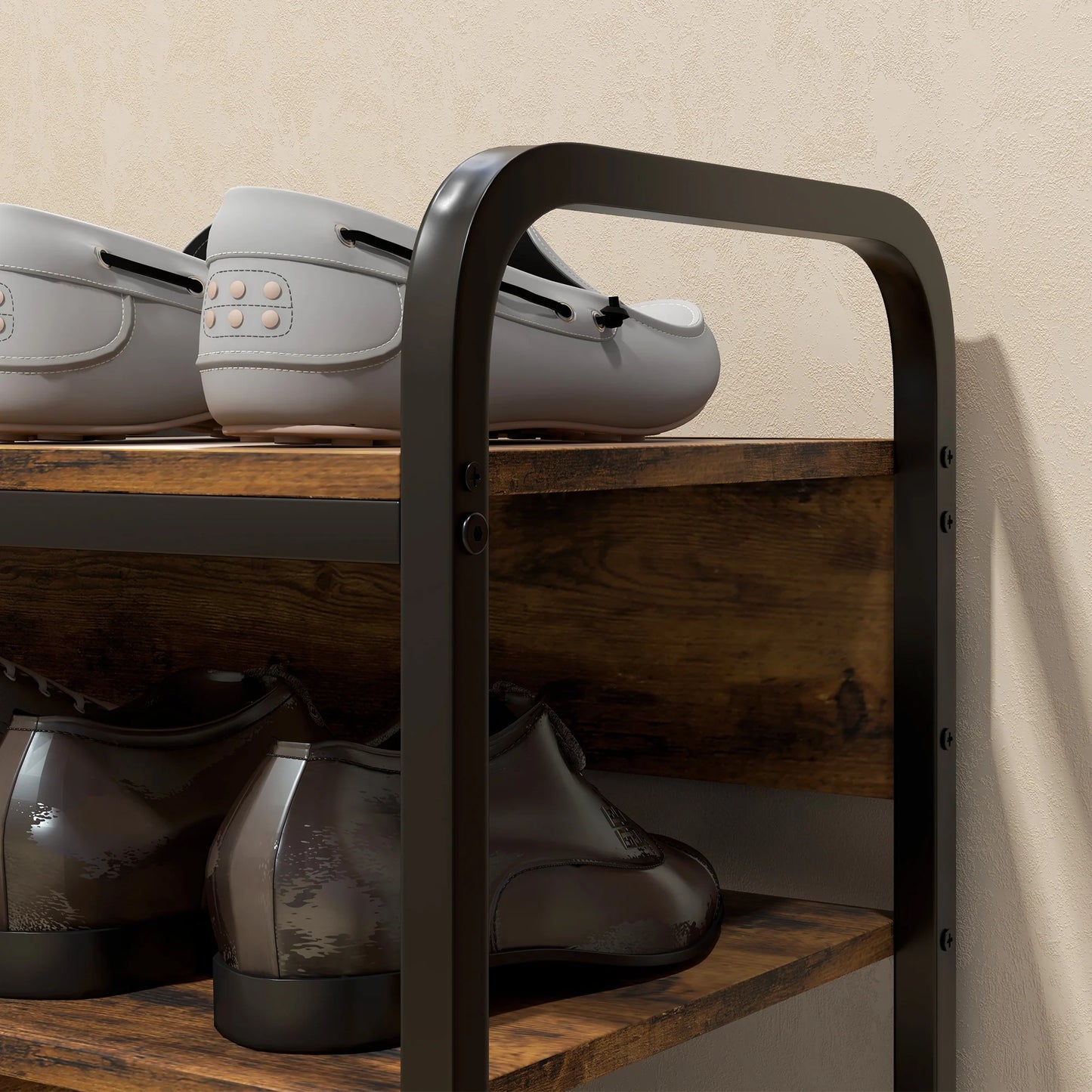 HOMCOM Schuhregal mit 4 Ebenen, Schuhregal mit Griff, Schuhständer für 11 Paar Schuhe, Platzsparende Schuhaufbewahrung, Schuhorganizer für Eingangsbereich, Flur, Rustikal Braun