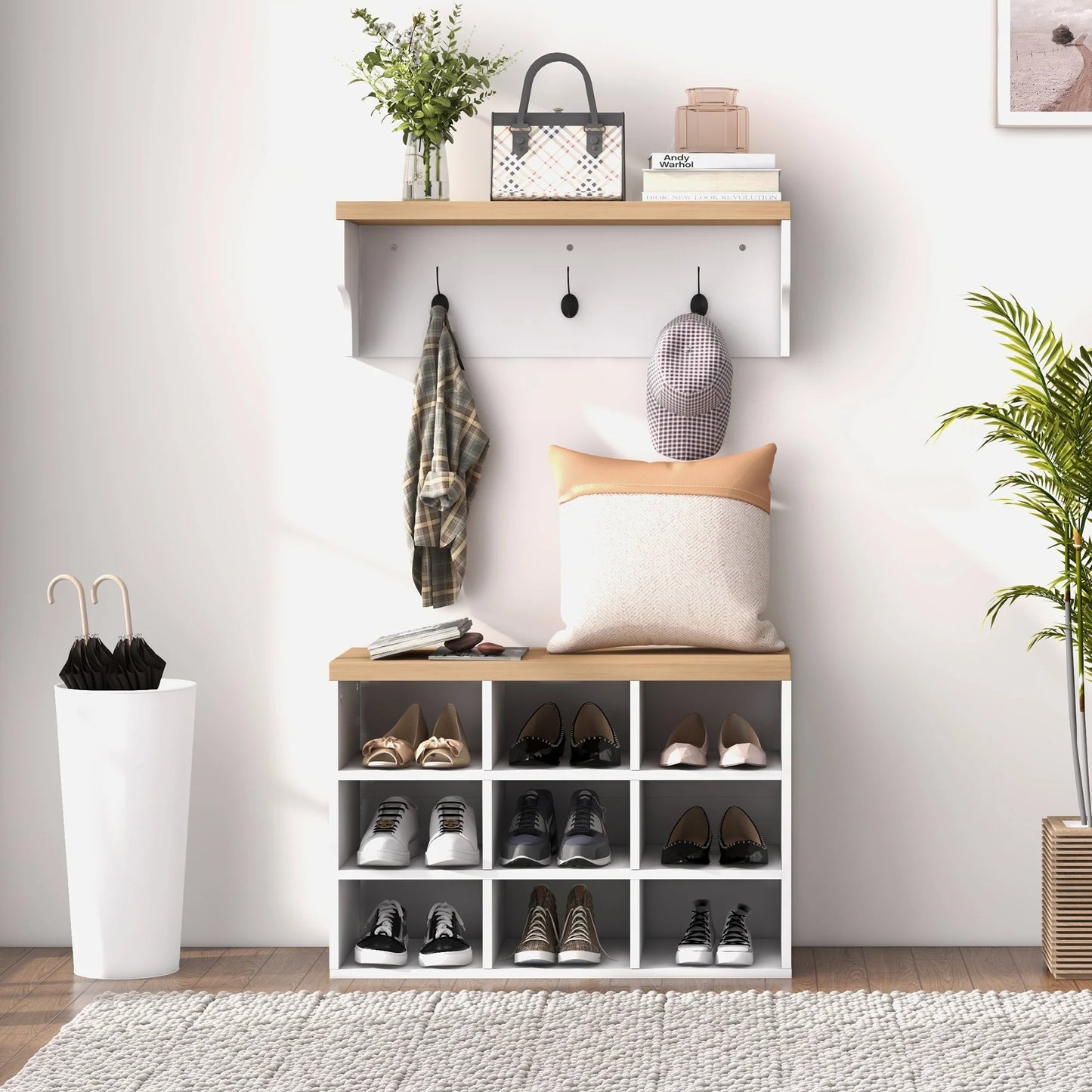HOMCOM Garderobenständer und Schuhbank 2 in 1 Eingangsbereich Möbel mit 3 Haken und Regalen für 9 Paar Schuhe 75x30x50 cm und 75x20x22,5 cm Weiß