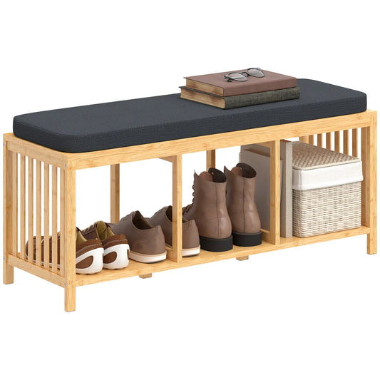 HOMCOM Bambus-Schuhbank mit gepolstertem Sitz und offener Ablage für Flur & Eingangsbereich, 102 x 33 x 45 cm, Naturholz