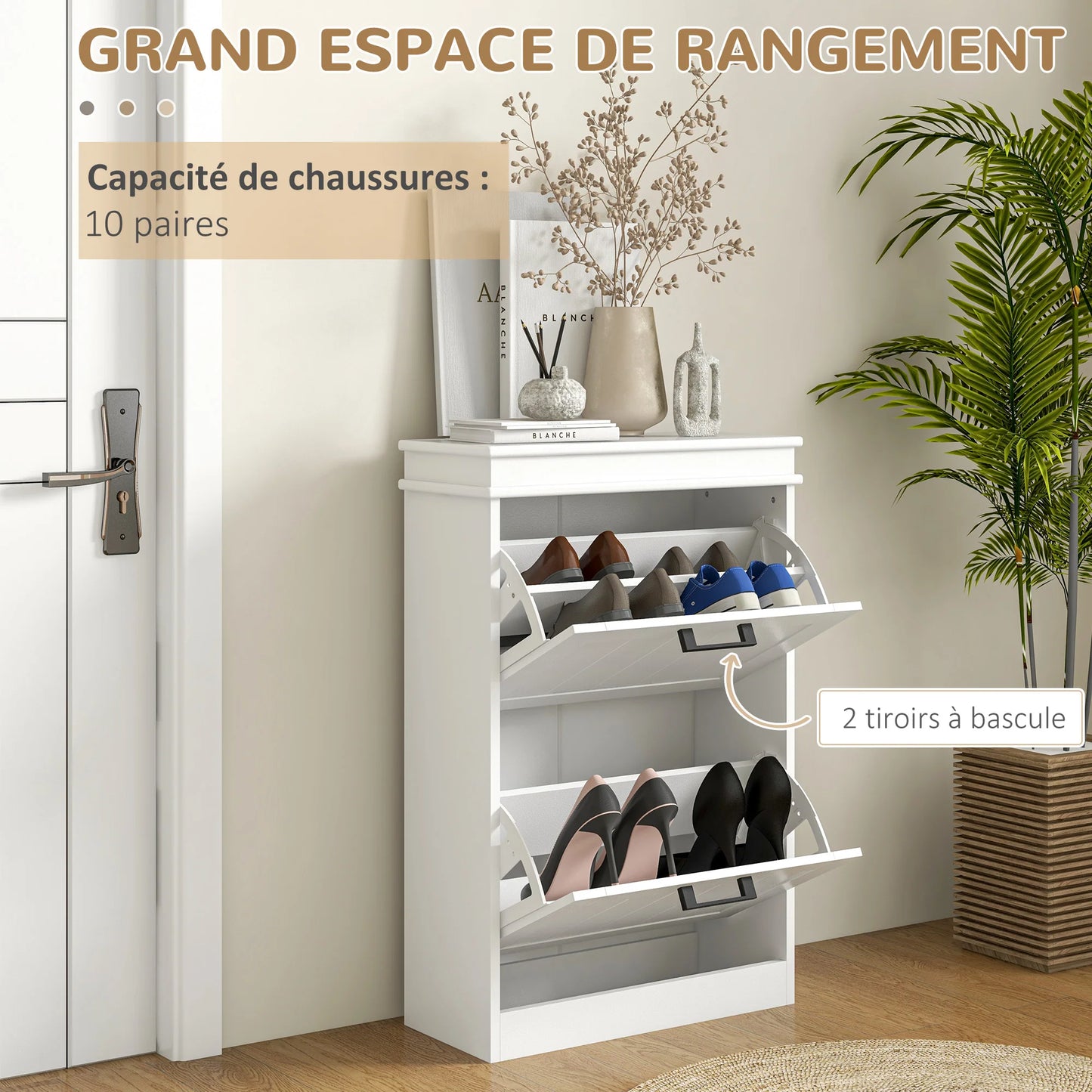 HOMCOM Schuhschrank, Schuhregal, 2 Klapptüren, verstellbare Regale, für Eingangsbereich, Flur, 54 x 24 x 82,5 cm, Weiß