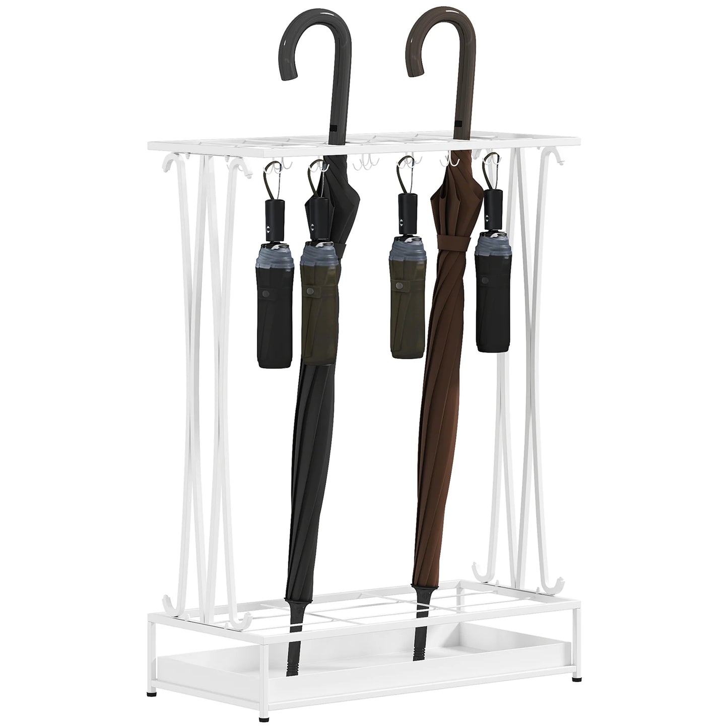 HOMCOM Moderner Rechteckiger Regenschirmständer aus Stahl mit 24 Haken, 21 Fächern und Abnehmbarem Tropfteller für Eingangsbereich und Büro 50x24x68 cm Weiß