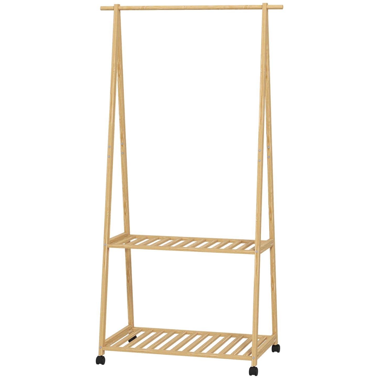 HOMCOM Bambus Kleiderständer mit Rollen, 2 offenen Regalen und 2 Haken, Kleiderständer für Eingangsbereich, Flur, Schlafzimmer 84,5x43,5x158 cm Natur