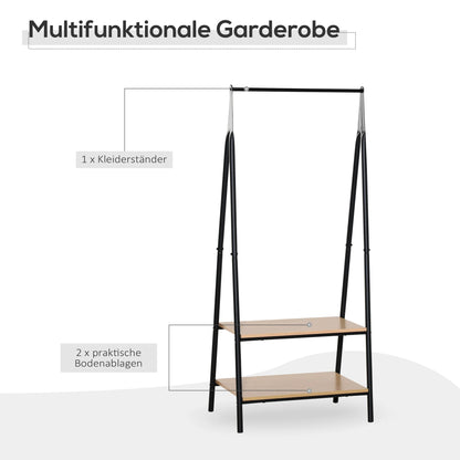 HOMCOM Kleiderständer mit Schuhablage, Wäscheablage, Metall + Holz Schwarz + Natur 64 x 42,5 x 149 cm