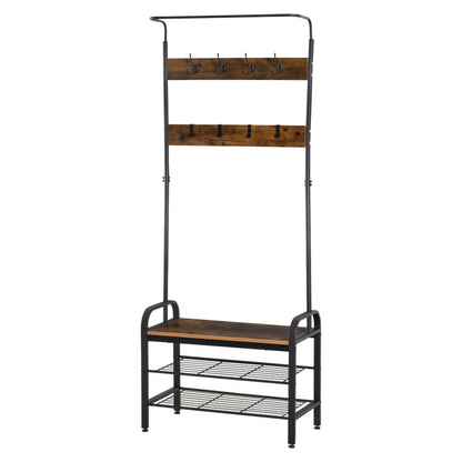 HOMCOM Kleiderständer Schuhregal mit 8 Haken und 2 Ablagen MDF Schwarz 72,8 x 34 x 182 cm