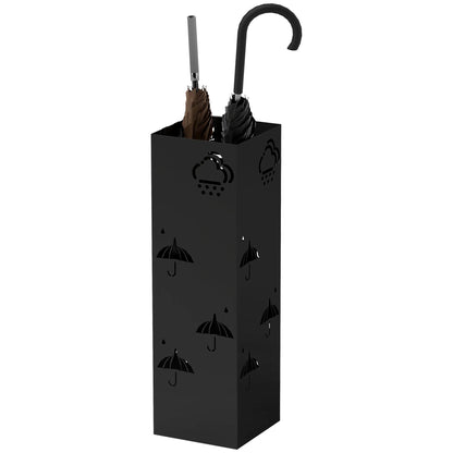 HOMCOM Regenschirmständer mit 4 Haken, abnehmbare Wasserauffangschale, dekorativer Regenschirmhalter für Sonnenschirme, Regentage & Gehstöcke, Stahl 15,5 x 15,5 x 49 cm Schwarz
