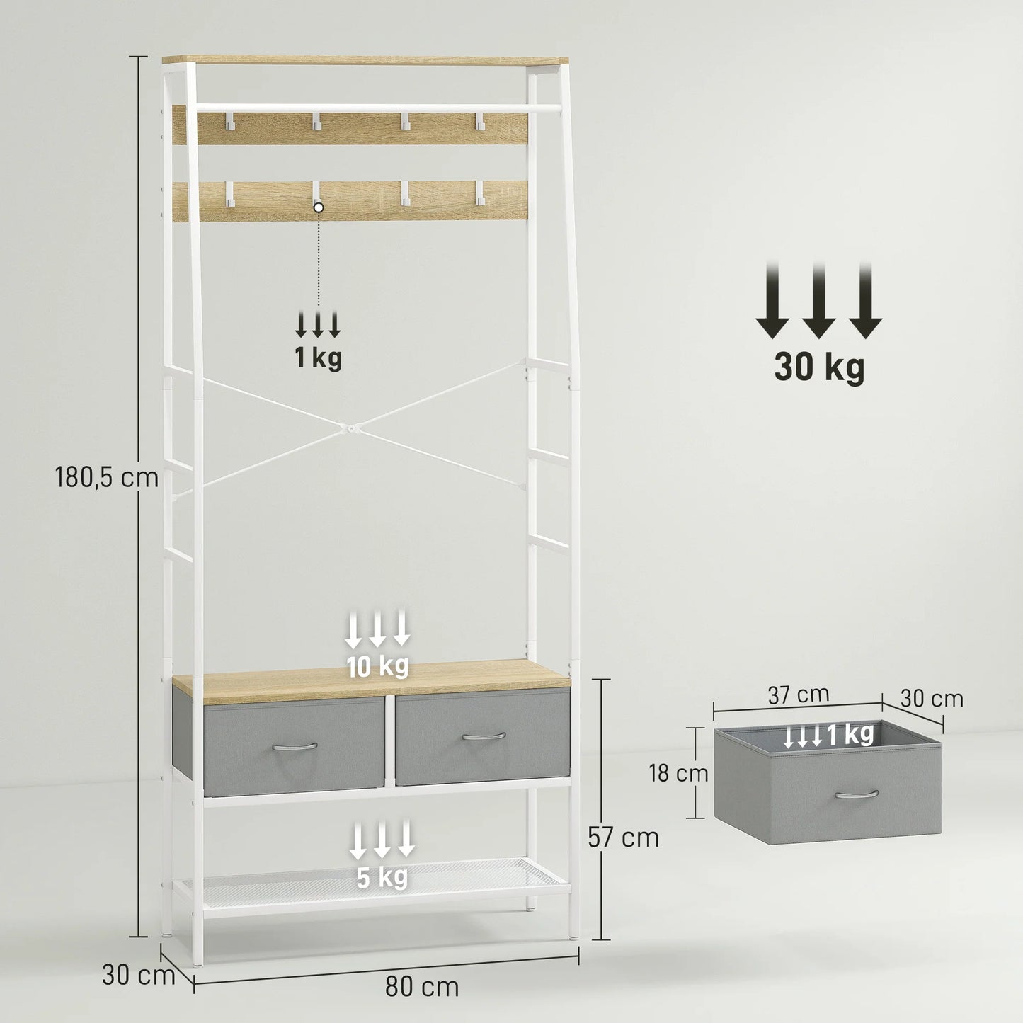 HOMCOM Garderobe mit Schuhregal – Eingangsbereich Garderobe mit Schuhregal, 8 Haken, 2 Stoffschubladen, Maschenregal im industriellen Stil für hängende Kleidung – Flur, Schlafzimmer, Wohnzimmer 80x30x180,5 cm Natur