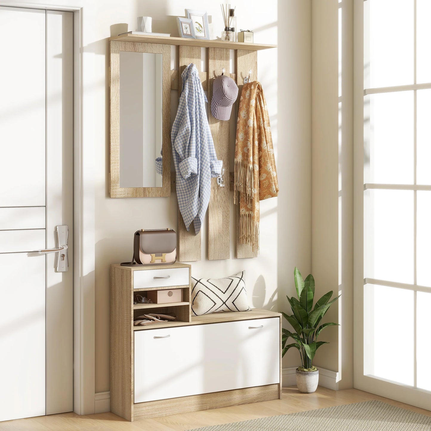 HOMCOM Flur Organizer mit Spiegel, Garderobe und Schuhschrank - 2-teiliges Möbelset für den Eingangsbereich mit 6 Haken, Regalen und Klappen-Schublade für einen natürlichen Flur