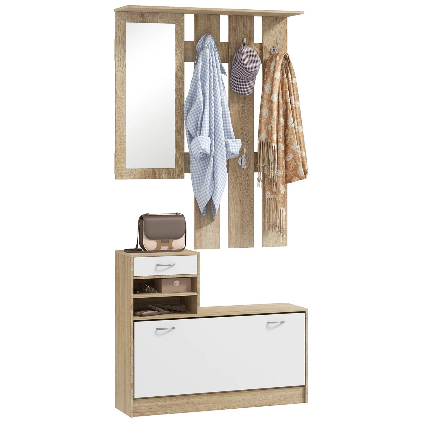 HOMCOM Flur Organizer mit Spiegel, Garderobe und Schuhschrank - 2-teiliges Möbelset für den Eingangsbereich mit 6 Haken, Regalen und Klappen-Schublade für einen natürlichen Flur