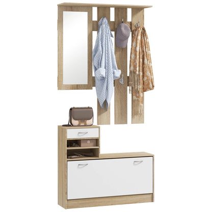 HOMCOM Flur Organizer mit Spiegel, Garderobe und Schuhschrank - 2-teiliges Möbelset für den Eingangsbereich mit 6 Haken, Regalen und Klappen-Schublade für einen natürlichen Flur