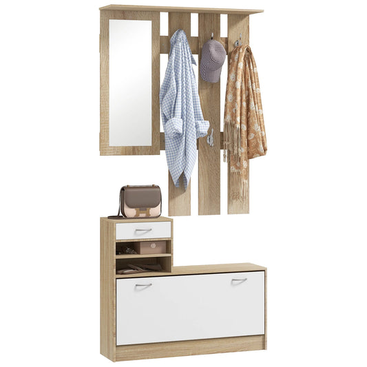 HOMCOM Flur Organizer mit Spiegel, Garderobe und Schuhschrank - 2-teiliges Möbelset für den Eingangsbereich mit 6 Haken, Regalen und Klappen-Schublade für einen natürlichen Flur