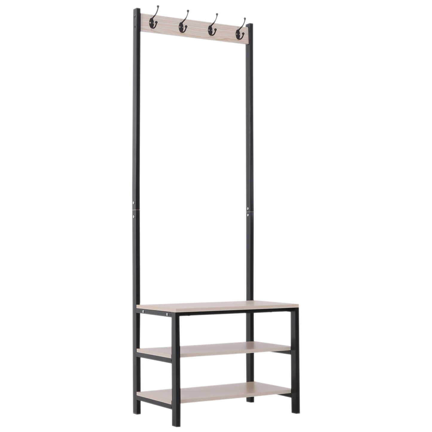 HOMCOM Garderobenständer mit Bank und Metall Schuhregal mit 3 Regalen und 4 Haken zum Aufhängen von Kleidung für Flur/Diele 60x40x175 cm Schwarz und Natur