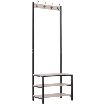 HOMCOM Garderobenständer mit Bank und Metall Schuhregal mit 3 Regalen und 4 Haken zum Aufhängen von Kleidung für Flur/Diele 60x40x175 cm Schwarz und Natur
