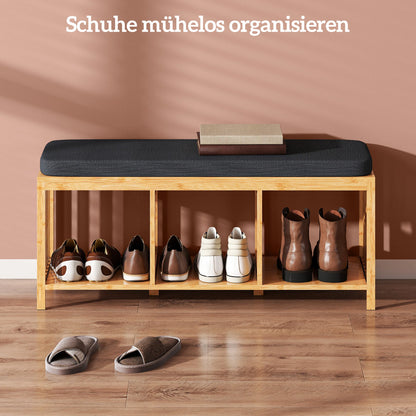 HOMCOM Bambus-Schuhbank mit gepolstertem Sitz und offener Ablage für Flur & Eingangsbereich, 102 x 33 x 45 cm, Naturholz
