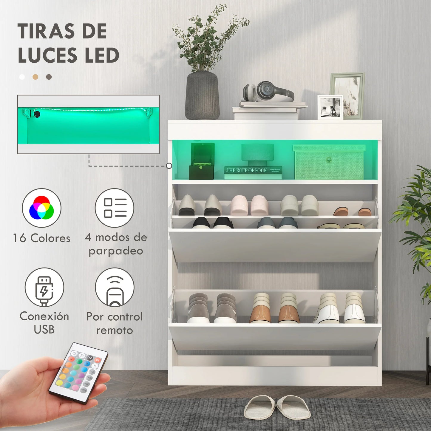 HOMCOM Schuhschrank für den Eingangsbereich, Wandschrank oder freistehend mit LED-Lichtern, offenes Regal und 2 klappbaren Schubladen für 12-16 Paare Schuhe, 80x24x99,5 cm, Hellweiß
