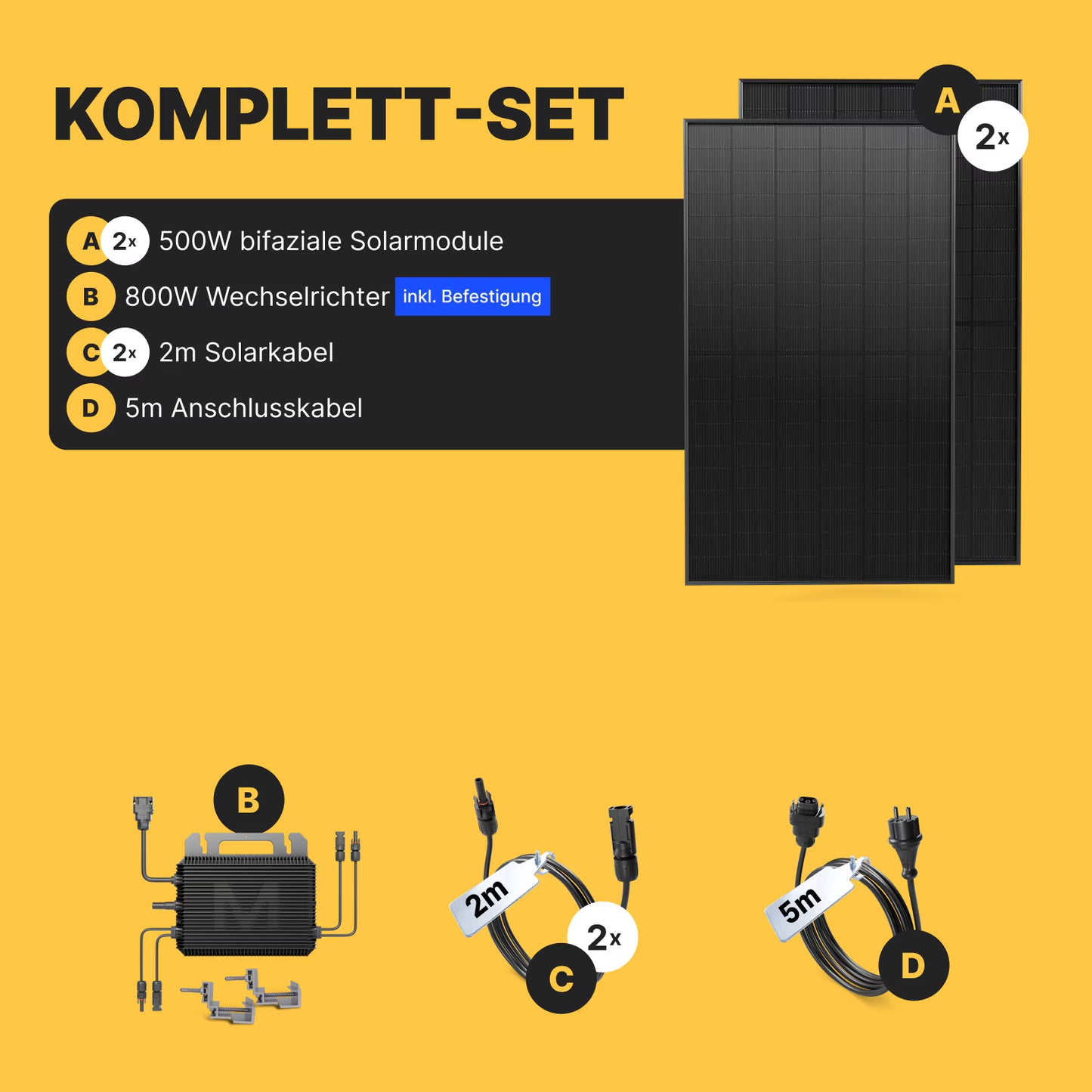 Balkonkraftwerk 1000W/800W Solaranlage Steckerfertig WIFI Komplettset Photovoltaik Anlage 800W, Kabellänge: 5m