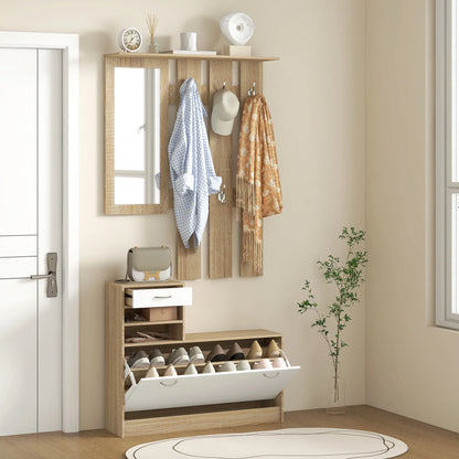 HOMCOM Flur Organizer mit Spiegel, Garderobe und Schuhschrank - 2-teiliges Möbelset für den Eingangsbereich mit 6 Haken, Regalen und Klappen-Schublade für einen natürlichen Flur