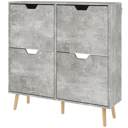 HOMCOM Schuhschrank für den Eingangsbereich mit 4 Klapptüren auf 2 Ebenen für 16 Paar Schuhe, platzsparender Schuhschrank mit verstellbaren Regalen aus Spanplatte und Kiefernholz, 95x26x95 cm, Grau