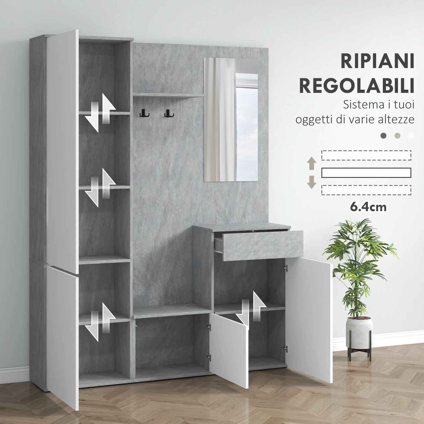 HOMCOM 4-in-1 Garderobenständer mit Spiegel, Haken und verstellbaren Innenregalen, Multitasking Holz-Garderobenmöbel mit Schublade, 145x29x184 cm, Grau und Weiß