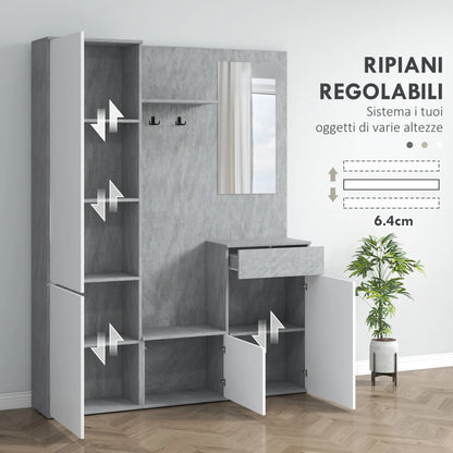 HOMCOM 4-in-1 Garderobenständer mit Spiegel, Haken und verstellbaren Innenregalen, Multitasking Holz-Garderobenmöbel mit Schublade, 145x29x184 cm, Grau und Weiß