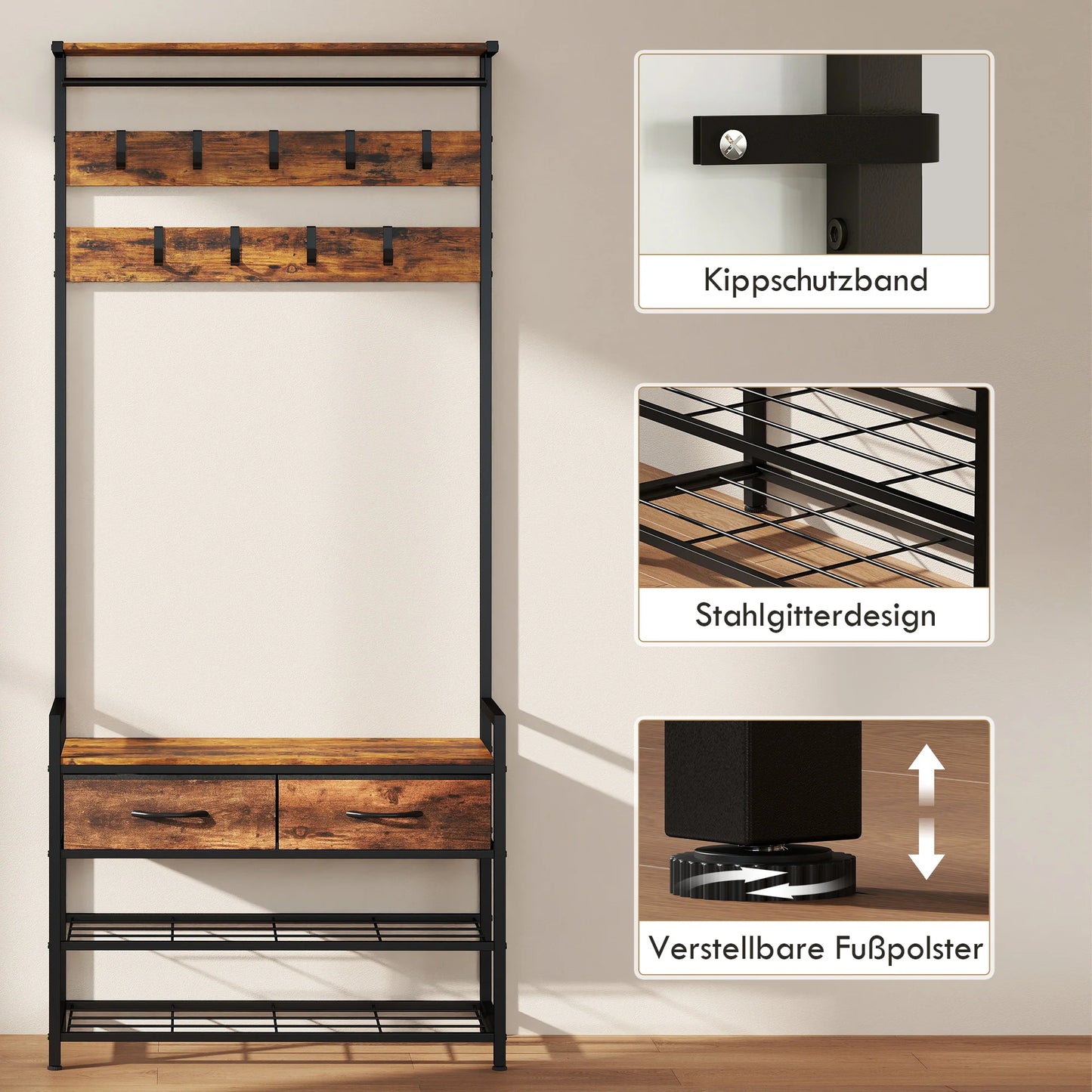 HOMCOM 5‑in‑1 Garderobenbaum mit Sitzbank & Organizer, Industrie-Stahlgestell, Rustikalbraun