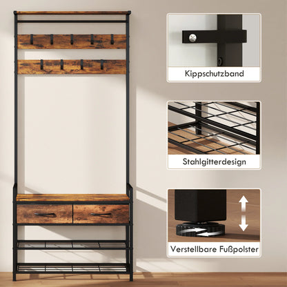 HOMCOM 5‑in‑1 Garderobenbaum mit Sitzbank & Organizer, Industrie-Stahlgestell, Rustikalbraun