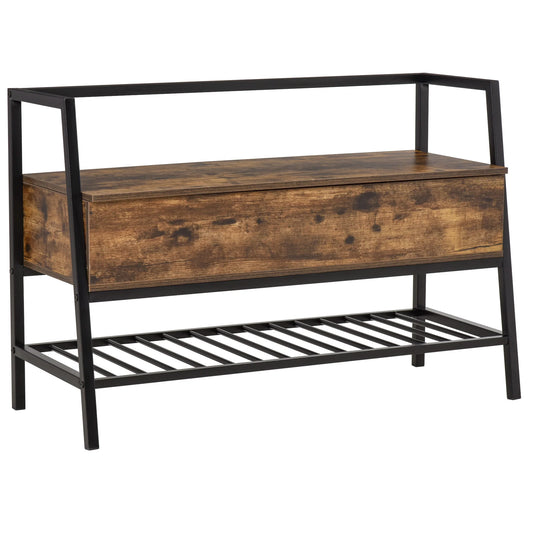HOMCOM Schuhbank im Industrial Style mit Stauraum, Vintage Platzsparende Schuhbank aus Holz und Metall, Rustikbraun, 90x37x60cm