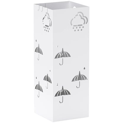 HOMCOM Regenschirmständer aus Stahl mit 4 Haken und abnehmbarem Tropfbehälter – Weißer Regenschirmhalter für Flur und Büro 15,5x15,5x41 cm
