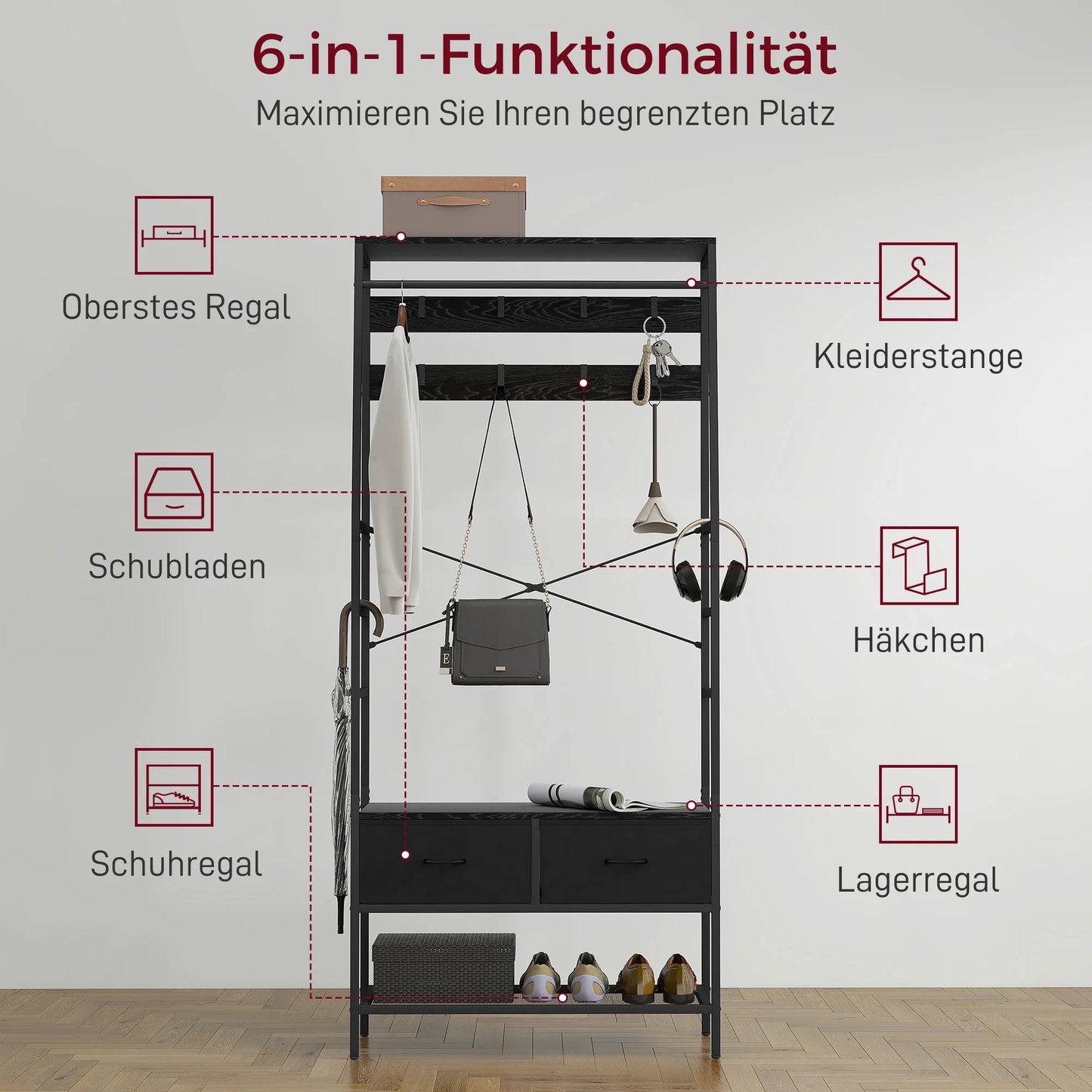 HOMCOM Garderobenständer, Kleiderstange mit Schuhregal, 2 Stoffschubladen, Garderobe mit 8 Haken, Regal, Garderobenständer mit Kippschutz, für Eingangsbereich, Flur, Schlafzimmer, Schwarz