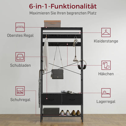 HOMCOM Garderobenständer, Kleiderstange mit Schuhregal, 2 Stoffschubladen, Garderobe mit 8 Haken, Regal, Garderobenständer mit Kippschutz, für Eingangsbereich, Flur, Schlafzimmer, Schwarz